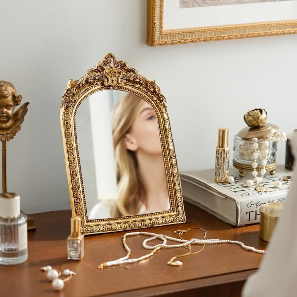Vintage Makeup Desk Mirror 7 Inch Gold Antique Mirror Frame Decorative Wall Art - Picture 8 of 8